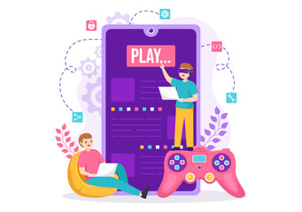 Video Game Development Vector Illustration with Games, Digital Technology, Programming and Coding in Flat Cartoon Hand Drawn Landing Page Templates
