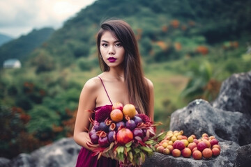 Gorgeous woman posing with a colorful bouquet of mangosteen fruits, wearing a flowing dress in front of a scenic tropical landscape, generative ai
