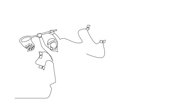 Animated self drawing of continuous line draw Arab businessman trying to catch flying money with net. Running man using business opportunity to scoop dollar bills. Full length single line animation