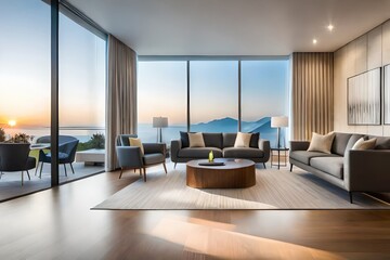 Modern, luxury home showcase living room and dining room open to ocean view at dusk