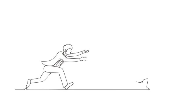 Self drawing animation of single line draw businessman or manager running and chasing after run away money. Concept of money obsession, impatient, greedy. Continuous line draw. Full length animated
