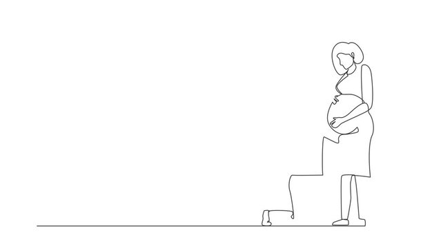 Animated self drawing of continuous line draw man or husband kneel down and listening to his pregnant wife belly, expecting new born baby. Future parents character. Full length single line animation
