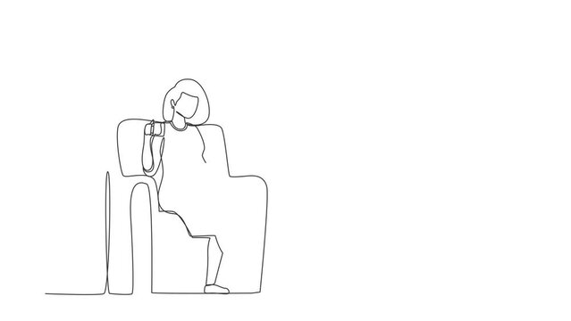 Animated self drawing of continuous line draw pregnant young woman sitting on sofa, reading book and drinking tea. Cozy evening with hot drink. Outside the winter. Full length one line animation