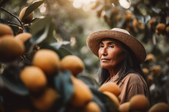 Portrait of a woman in a lush orchard surrounded by ripe sapodilla fruit, reflecting the fruit's connection to nature and its natural habitat, generative ai