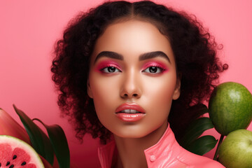 Portrait of a woman with a guava-inspired makeup look, featuring bold pink eyeshadow and a matching lip color, generative ai - obrazy, fototapety, plakaty