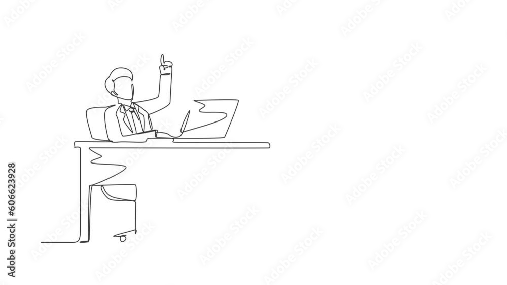 Poster self drawing animation of single line draw businessman getting new idea while working with laptop on