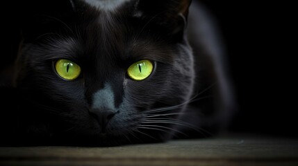 Black cat green eyes posing on a black background generative ai