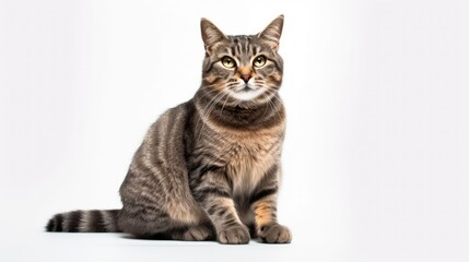 Fototapeta na wymiar a tabby cat with orange eyes looking up on a white background generative ai