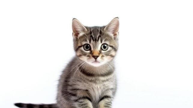 a tabby cat with orange eyes looking up on a white background generative ai