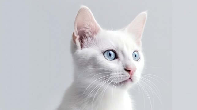 a white cat with blue eyes staring at the camera on white background generative ai