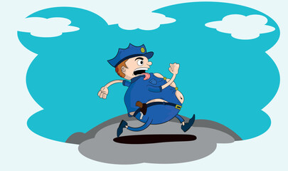 Obraz premium obese policeman running exhausted and very funny comic tired and with his tongue out before he can reach his goal