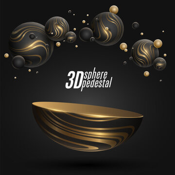 Elegant trendy levitating podium with dynamic 3d spheres textured with golden striped pattern. Platform with shiny luxury bubbles to showcase your product. Vector illustration.