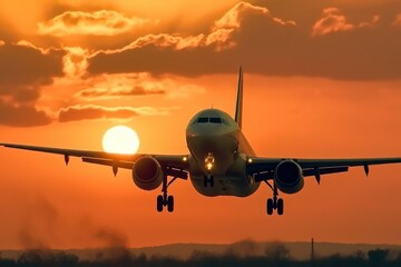 Passenger plane is in a wonderful sunrise background