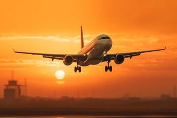 Naklejka na ściany i meble Passenger plane is in a wonderful sunrise background