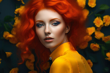 Vibrant and Juicy Tangerine-Hued Portrait of a Woman with Bold Makeup and Fiery Red Hair, generative ai