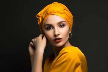 Woman with a bright mango-colored headscarf posing, generative ai