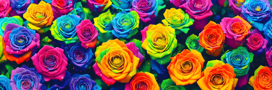 Multicolored roses, floral panel, bright banner, background, ai generated