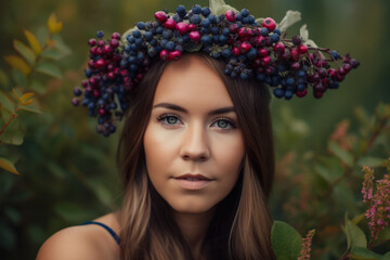 Beautiful woman with a Saskatoon berry crown in a field of wildflowers, generative ai