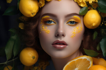 Captivating portrait of a woman with a lemon-themed makeup look, generative ai