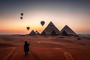 two hot air balloons flying in the sky over the pyramids and sand dunes at sunset, with a person walking towards them. Generative Ai