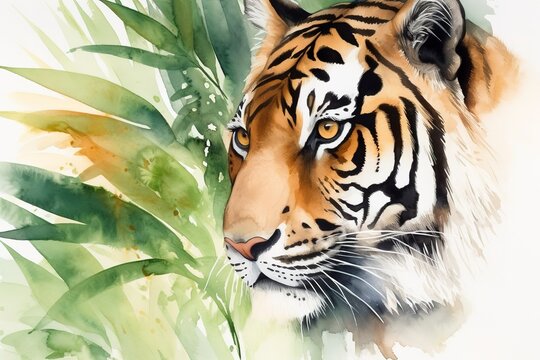 Paint a realistic portrait of a tiger in the jungle watercolor painting, beautiful natural forms, crisp clean shapes, colorful, white background, generate ai