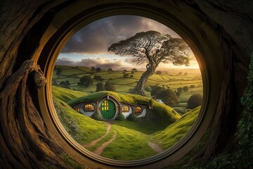 Concept art illustration of hobbit house, generate ai