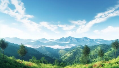 World environment day concept, Green mountains and beautiful blue sky clouds Generative Ai