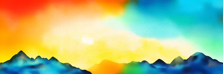 Rolgordijnen Watercolor drawing of mountains in sunset light, panoramic view, bright sky, ai generated © Valerii