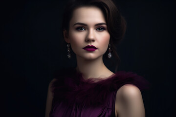 Naklejka premium Close-up portrait of a beautiful woman with a boysenberry-colored dress and matching lipstick, generative ai