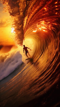 Surfer on Blue Ocean Wave in the Tube Getting Barreled in the golden hour