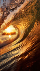Surfer on Blue Ocean Wave in the Tube Getting Barreled in the golden hour