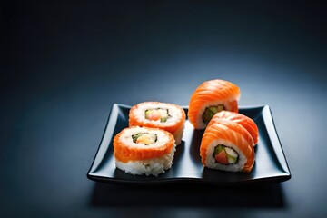 Sushi roll  with salmon, smoked eel, avocado, cream cheese on black background.
