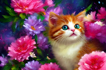 gray-white cute kitten with big blue eyes sits on a flower bed among many pink flowers and looks forward. Cat's childhood, beautiful cards, harmony of nature, tenderness