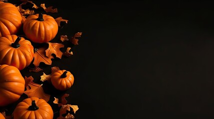 Naklejka na ściany i meble Side View of Halloween banner concept design of bunch of orange pumpkins on spooky background