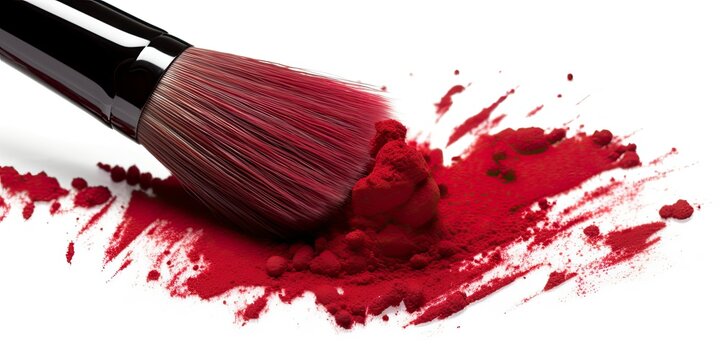 Professional make-up brush on crushed makeup color powder Make up brush with red powder  isolated on white background. Generative AI