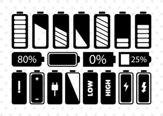 Battery SVG, Battery Silhouette, Energy Svg, Charging Svg, Bolt Svg, Full Battery Svg, Low Battery Svg, Battery Bundle