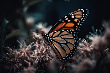 Plakat a monarch butterfly sitting on top of some white flowers in the background is a dark blue sky and green foliage. Generative Ai