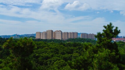 Fototapeta na wymiar Linhai,Heilongjiang,China - June 21 2021: skyline of apartment buildings in China.