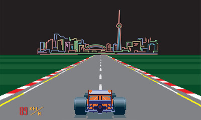 Pixelated retro arcade racing car formula. pixel night city background