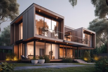 Fototapeta premium luxurious beautiful Modern futuristic minimal exterior architecture during sunset golden hour with ambient lamp lighting floor to ceiling windows nature views made with Generative Ai