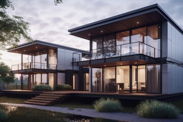 Fototapeta premium luxurious beautiful Modern futuristic minimal exterior architecture during sunset golden hour with ambient lamp lighting floor to ceiling windows nature views made with Generative Ai