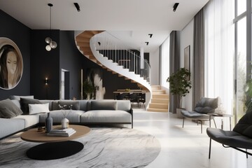Moody luxurious penthouse loft living room interior with minimal modern designer styled furnitureMade with Generative Ai