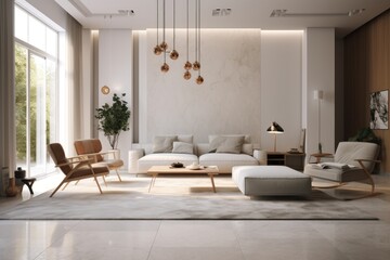 Bright moody beautiful interior design living room with low sofa marble accent professionally styled minimal modern penthouse loft Made with Generative Ai - obrazy, fototapety, plakaty