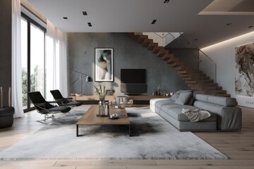 Fototapeta na wymiar Moody luxurious penthouse loft living room interior with minimal modern designer styled furnitureMade with Generative Ai