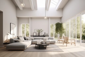 Fototapeta na wymiar Bright clean modern contemporary living room interior with designer staged furniture high ceiling open concept nature views at sunrise Made with Generative Ai