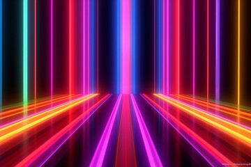 3D illustration of abstract background with neon lights and stripes in tunnel, generative Ai