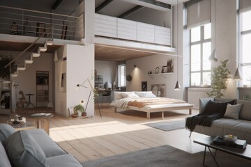 Fototapeta na wymiar Amazing bright apartment loft open concept living room interior with modern minimal staged furniture made with generative ai