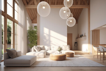Bright sunny beautiful clean modern minimal loft living room interior with large windows hardwood ceilings white walls and large pendant light fixture Made with Generative Ai