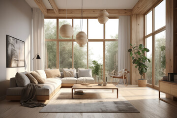 Cozy calm modern minimal living room interior with organic wood paneling high ceilings large sustainable pendant light fixture with garden views at sunset made with Generative Ai