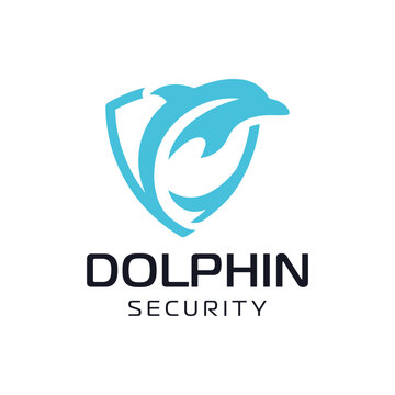 The logo illustrates a dolphin and a shield. It is suitable for use as a security logo.